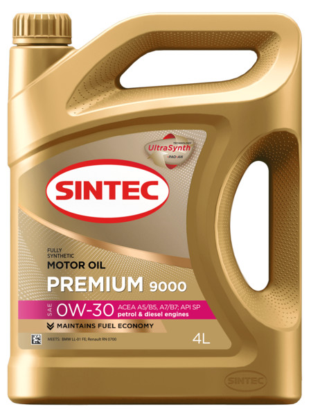 Sintec PREMIUM 9000 SAE 0W-30 API SP/CF, ACEA A5/B5 4л синтетика